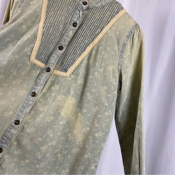 Free People Small Hillside Chambray Denim Bibbed Pintuck Button-up Blouse Cabin - Picture 4 of 10